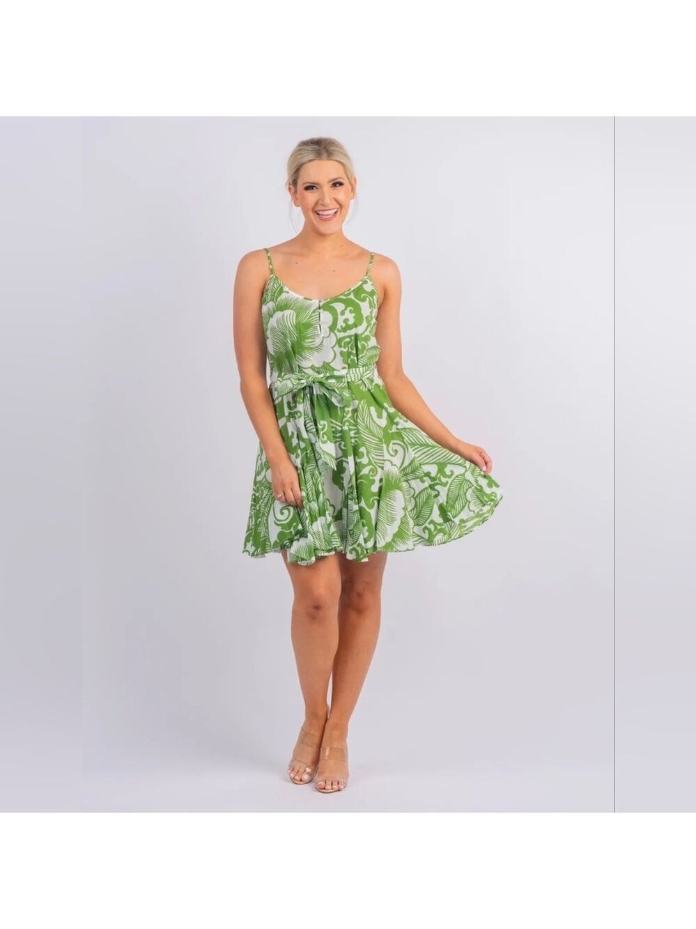 Velvet by Graham & Spencer Green White Floral Print Sleeveless Dress - Size S